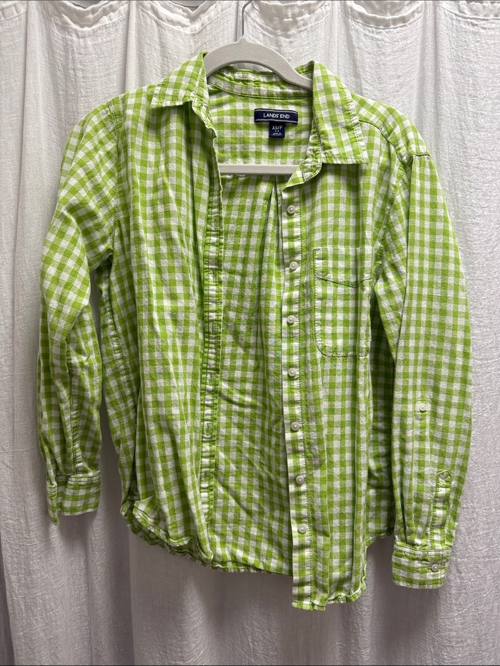Lands' End Green and White Gingham Button-Down Shirt